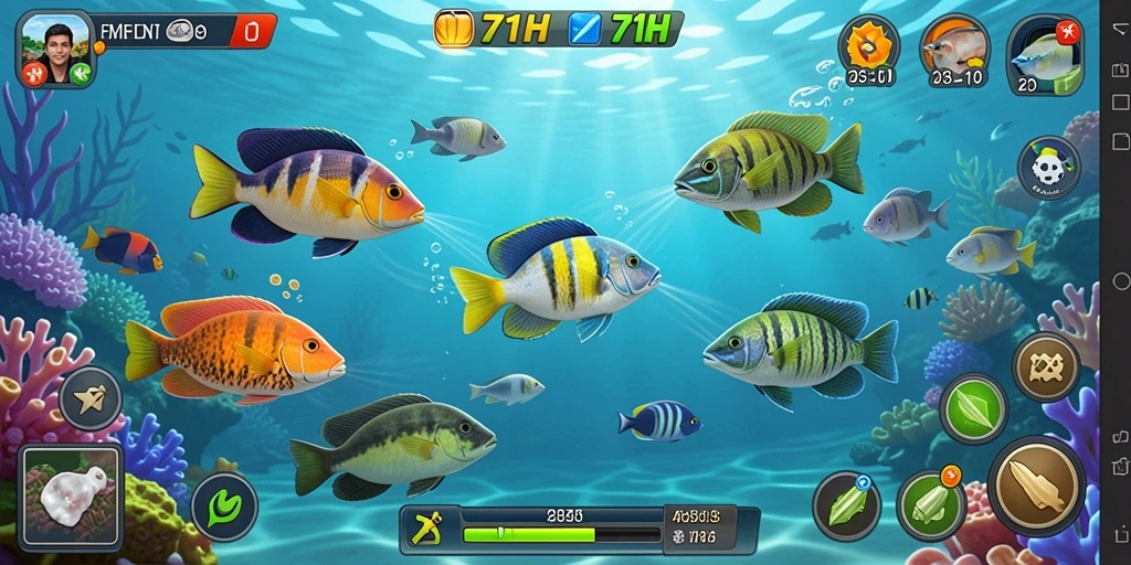 Screenshot utama 71H menunjukkan aksi menembak ikan yang seru dan penuh warna.