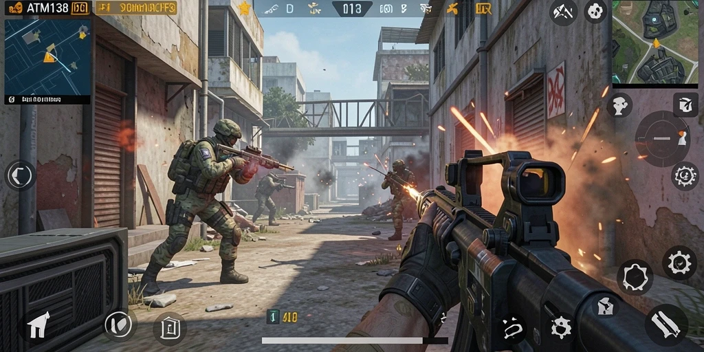 Screenshot gameplay menunjukkan aksi menembak yang intens dan mendebarkan.