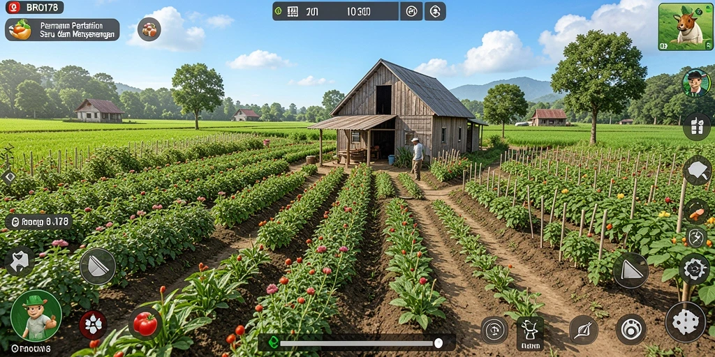 Screenshot gameplay BRO178 menampilkan aktivitas bertani yang seru.