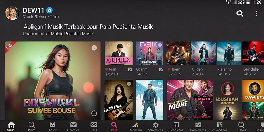 Screenshot utama DEWI11 menampilkan pengguna menikmati musik dengan antarmuka aplikasi yang menarik.