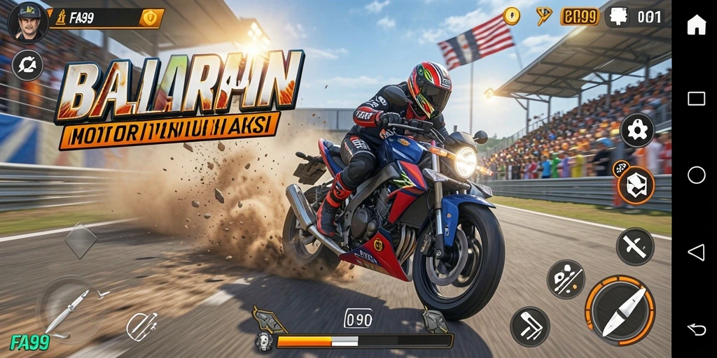 Screenshot FA99 menampilkan aksi balapan motor yang intens dan menegangkan.
