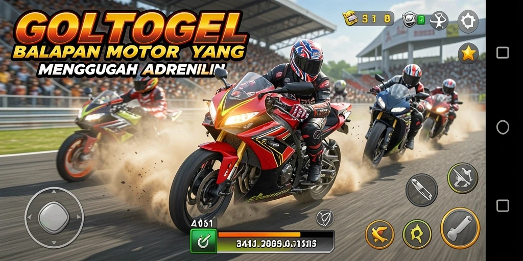 Tampilan gameplay GOLTOGEL yang mendebarkan dengan balapan motor cepat.