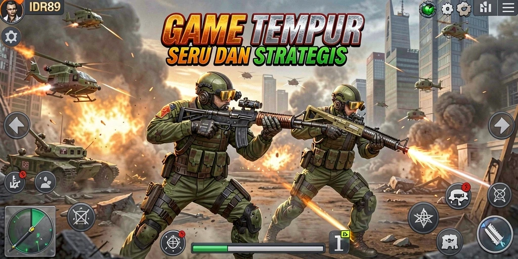 Screenshot utama IDR89 menampilkan aksi tembak-menembak seru di arena tempur.