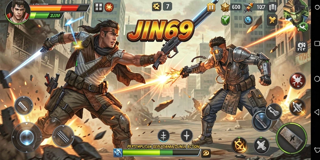 Tampilan gameplay JIN69 dengan pertarungan seru di latar belakang.