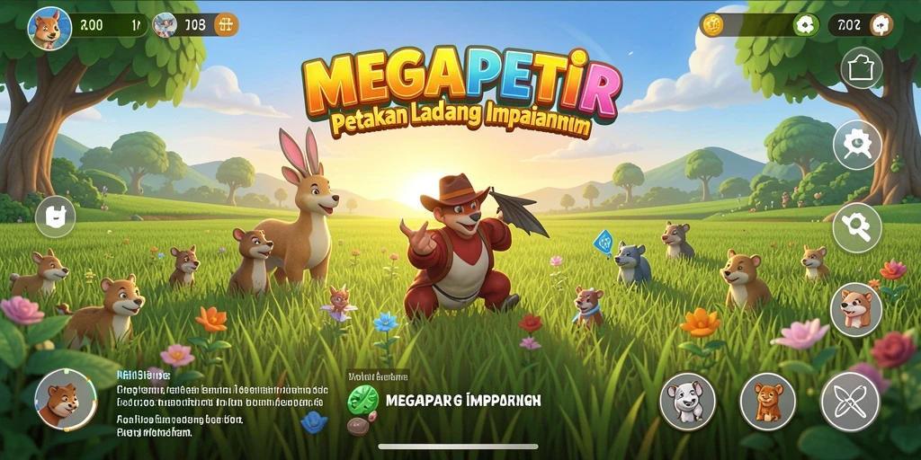 Tampilan menunjukkan petak ladang yang subur dan aktivitas bertani yang seru.
