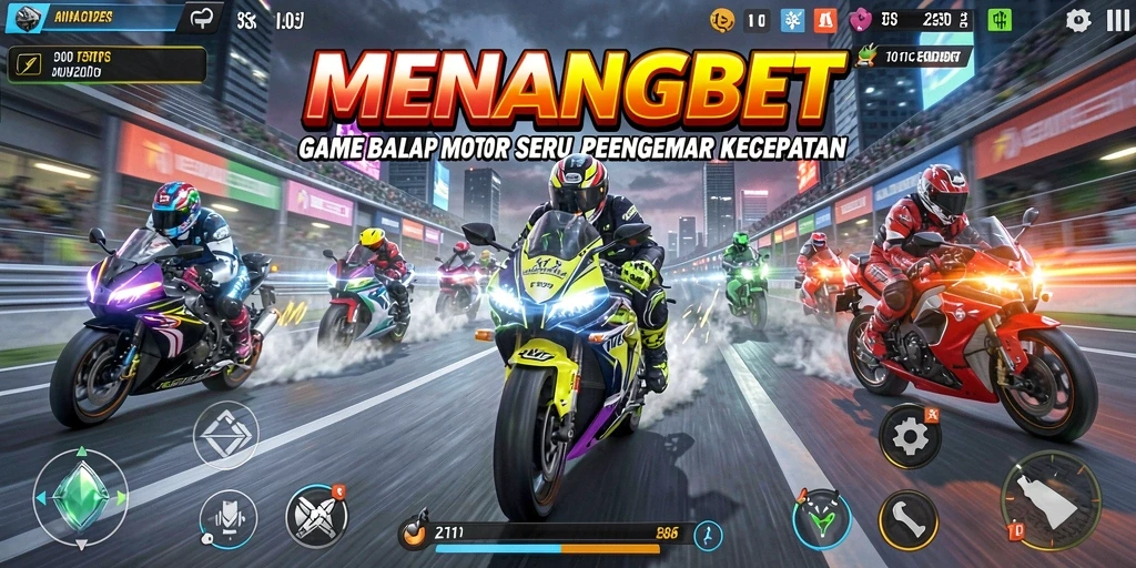 Gameplay MENANGBET menegangkan dengan balapan motor seru di berbagai trek.