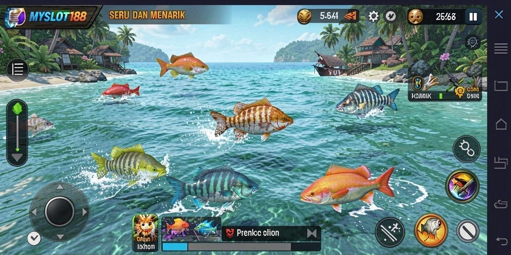 Tampilan penuh aksi dari gameplay MYSLOT188 Tembak Ikan.