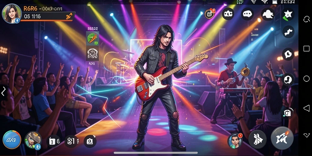 Tangkapan layar R6R6 yang menunjukkan gameplay permainan musik yang dinamis.