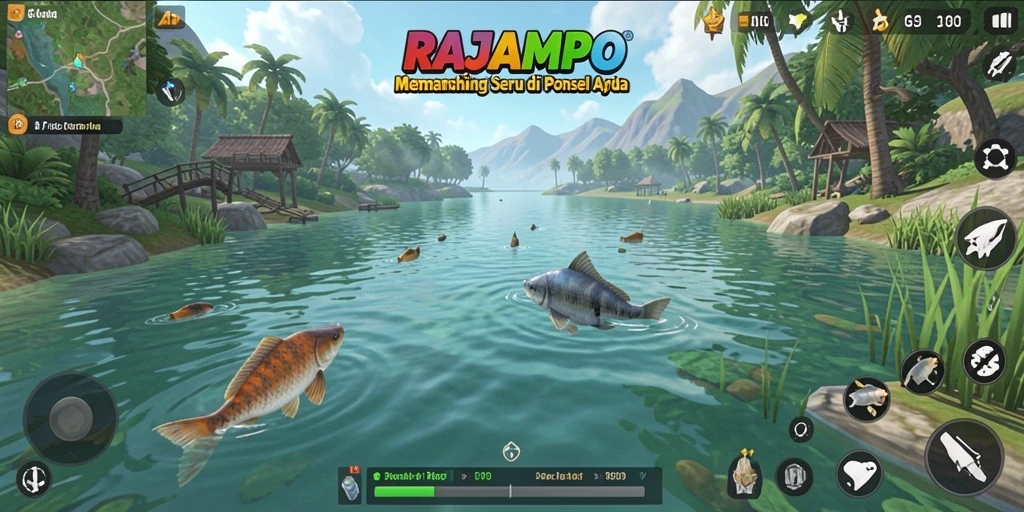 Tampilan gameplay menarik RAJAMPO dengan suasana memancing yang realistik.