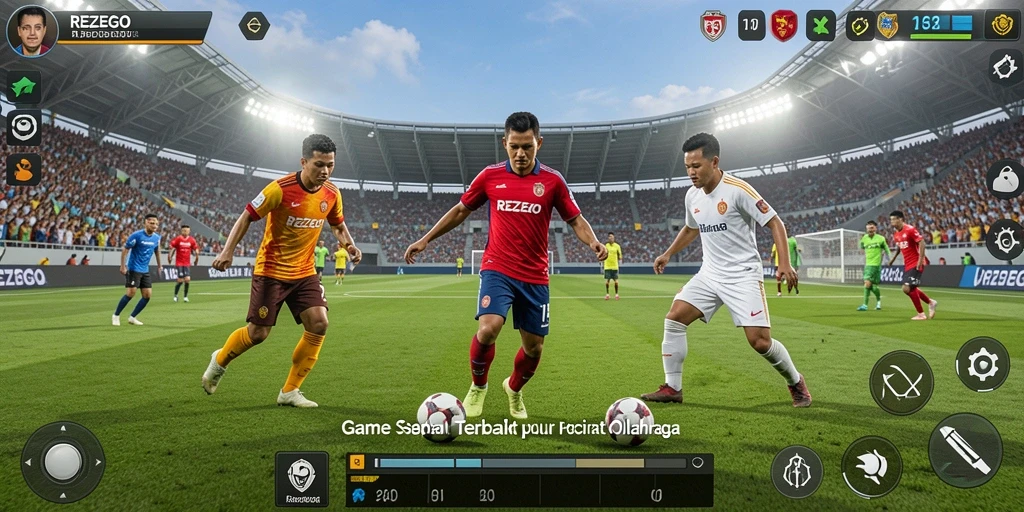 Screenshot gameplay REZEGO menampilkan aksi seru di lapangan sepak bola.