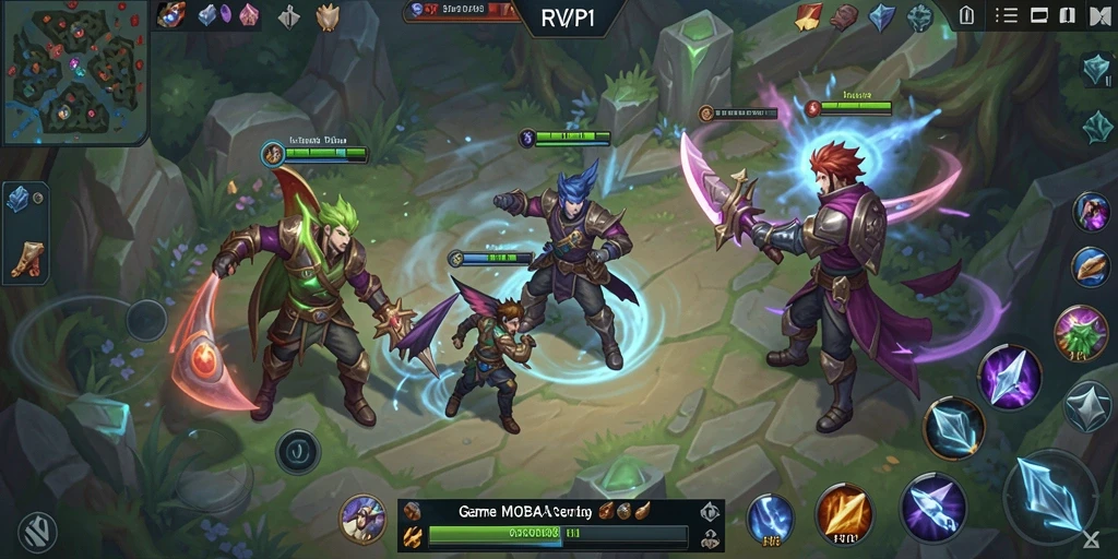 Screenshot gameplay RVIP1 menampilkan aksi seru di arena MOBA.