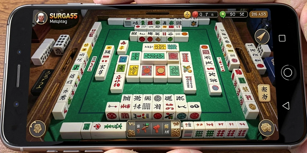 Tampilan gameplay SURGA55 dengan ubin Mahjong berwarna-warni.